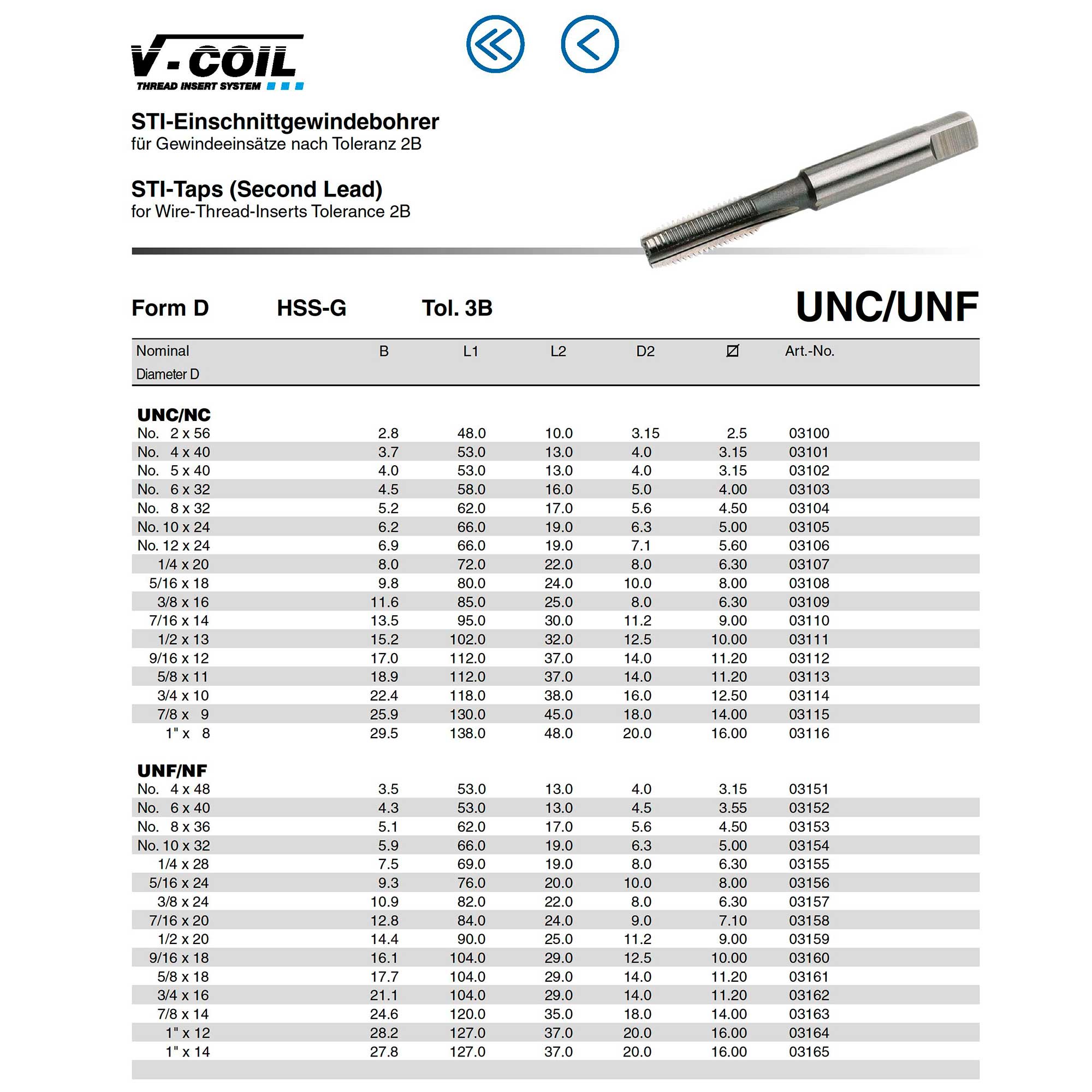 Метчик для резьбовой вставки Volkel HSS-G STI UNC 1,0"-8 03116